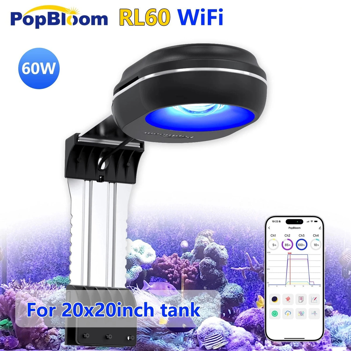 Pop-Bloom WiFi Reef LED Light, 60W 90W 120W Full Spectrum Marine Reef LED Aquarium Lighting, Built-in Timer, Sunrise Sunset