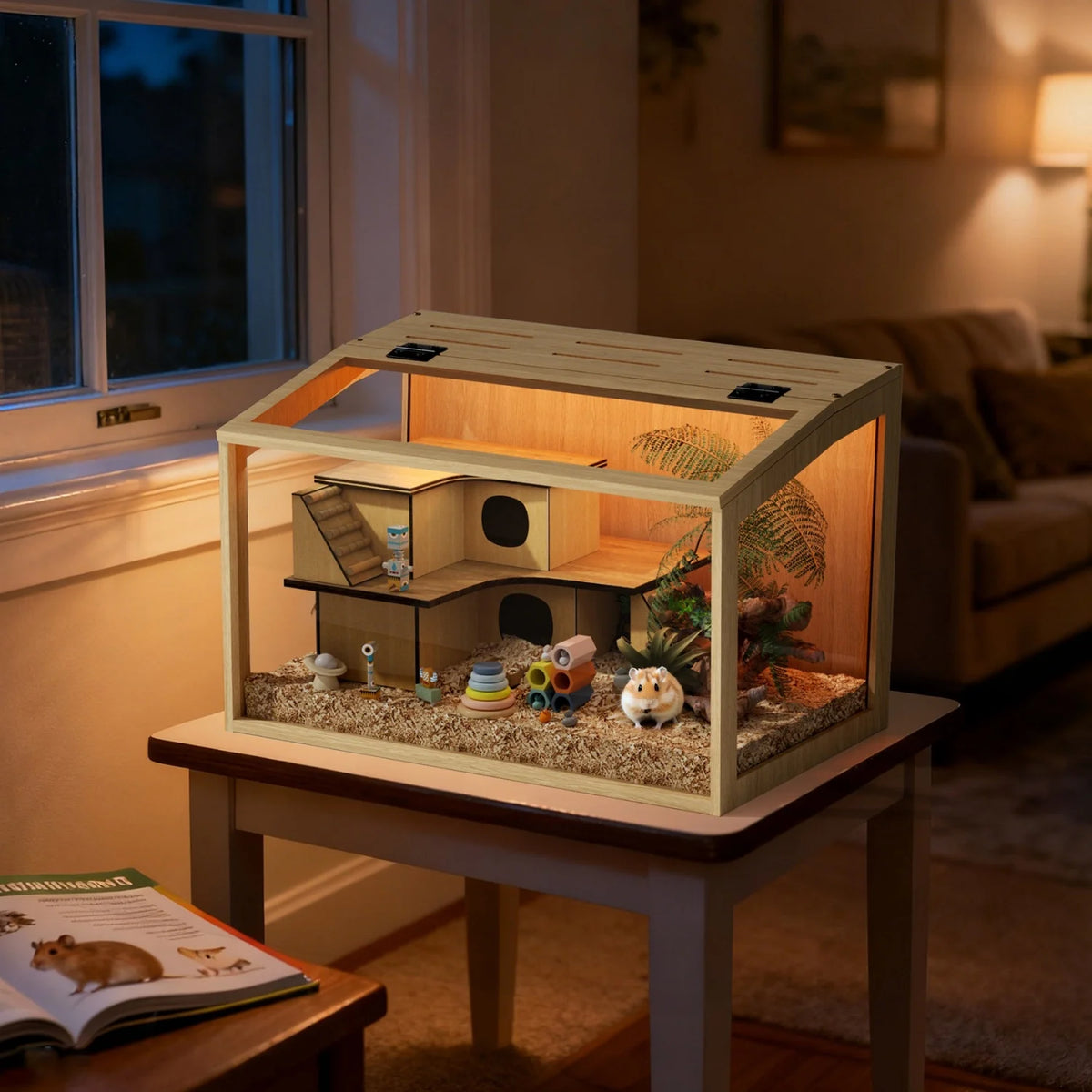 Chewproof Wooden Cage Habitat House Tempered Glass Panels Built-in LED Light for Small Pets