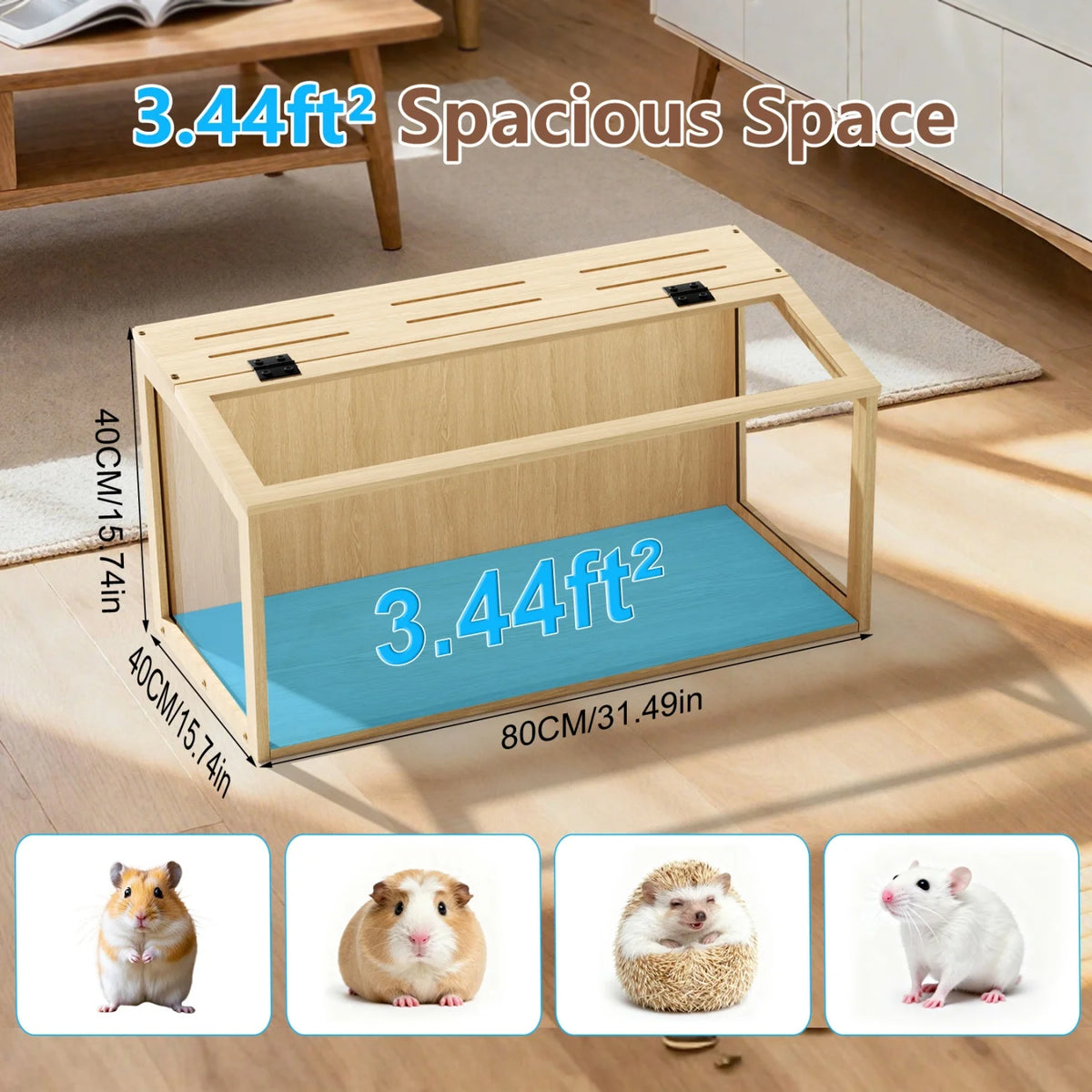 Chewproof Wooden Cage Habitat House Tempered Glass Panels Built-in LED Light for Small Pets