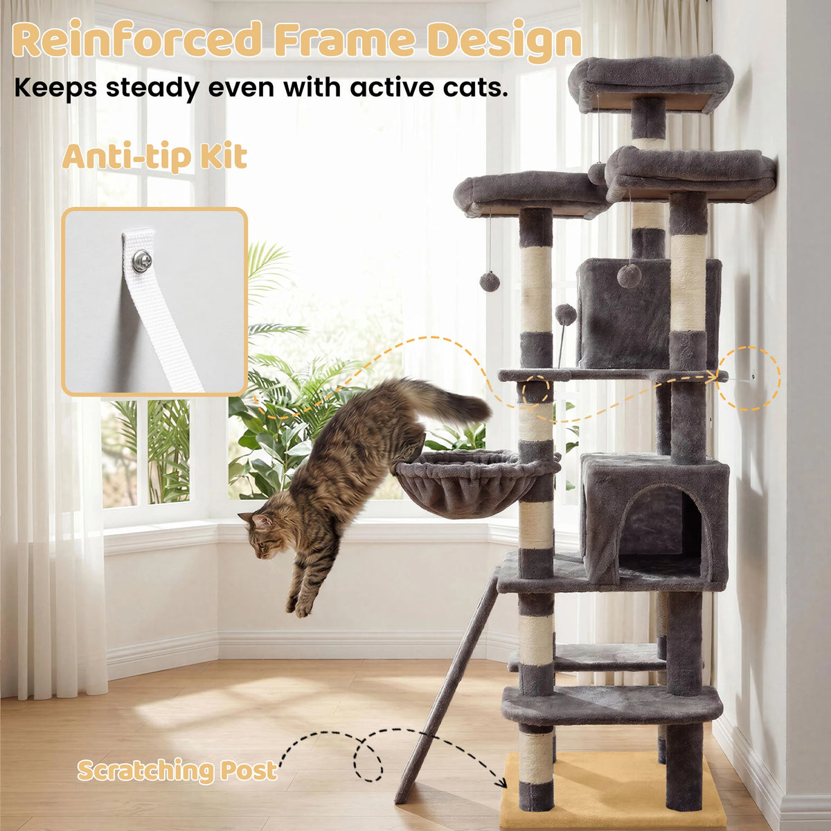 FOOWIN Large Multi Level Cat Tree Tower Indoor Activity Center 2 Condos 3 Plush Perches