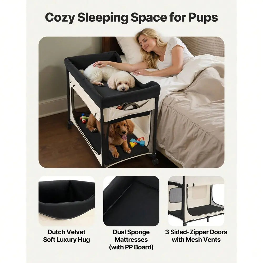 Foldable Bunk Dog Bed With Wheels And Side Storage Bin