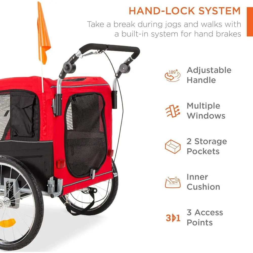 2-in-1 Dog Bike Trailer, Pet Stroller Cycle Carrier w/Hitch, Suspension, Visibility lag and Relect, 66lb