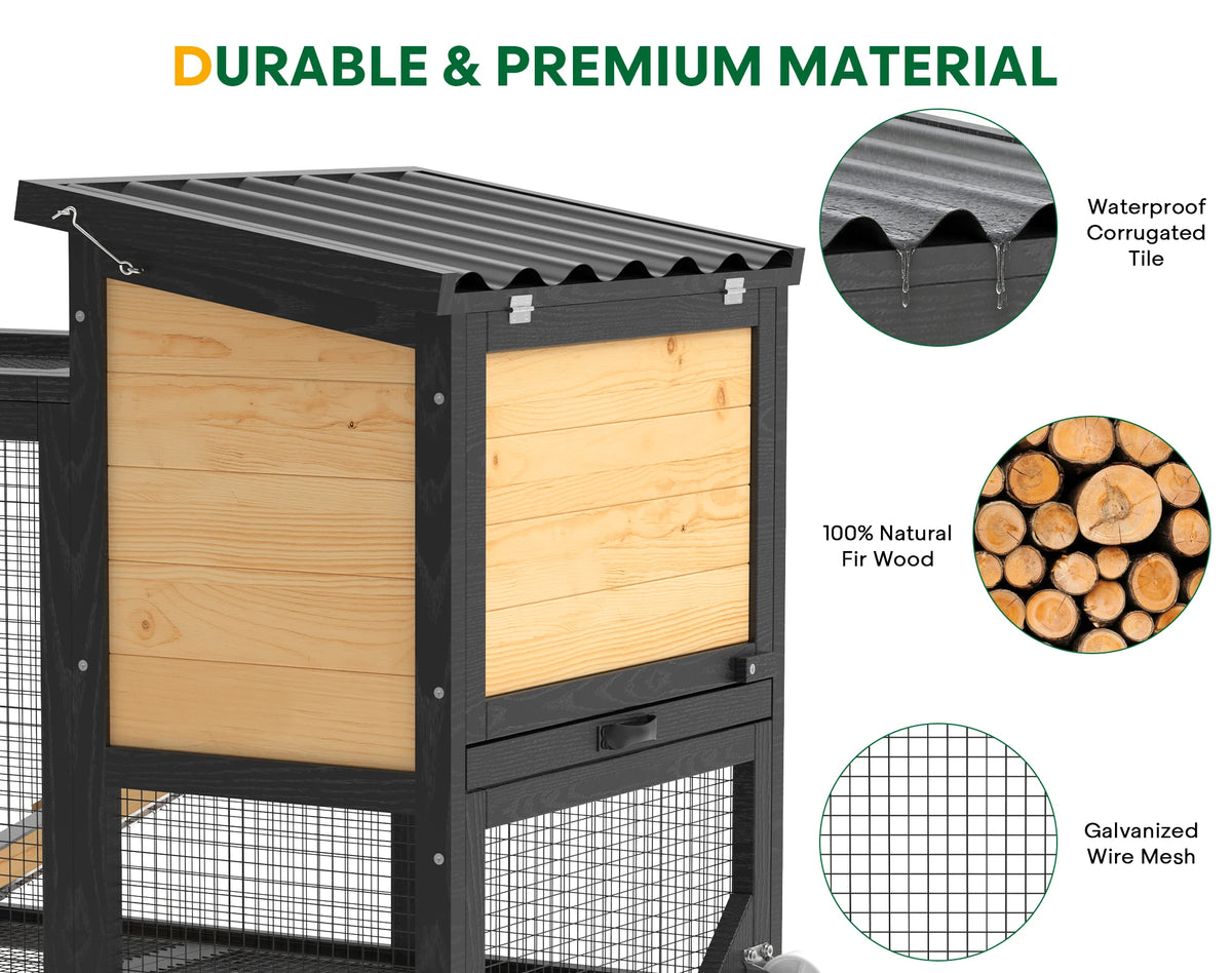47.2" Outdoor Wooden Rabbit Hutch, 2-Tier Mobile Bunny Cage on Wheels with Double Doors, Waterproof Roof, Pull-Out Tray