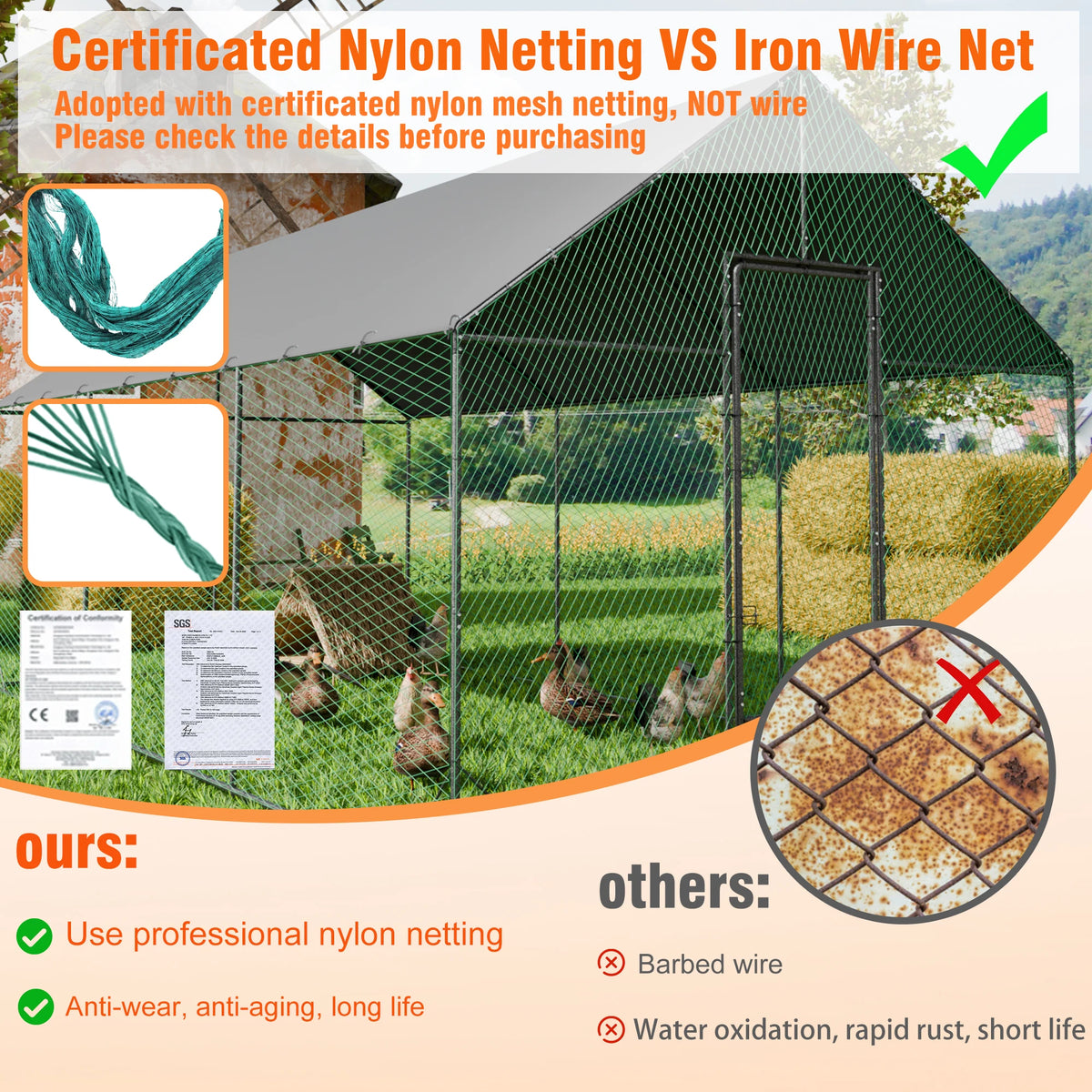 Large Outdoor Upgrade Metal Chicken Coop Walk-in Cage with Nylon Netting and Cover for Yards