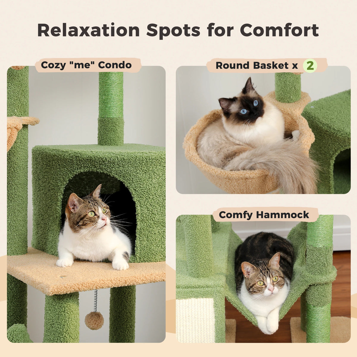 Cactus Cat Tree - Floor to Ceiling Tower 7 Tiers Cat Climbing Tree - 5 Platforms Scratching Posts