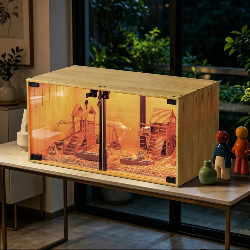 Wooden Small Animal Habitat Cage with Dual Doors Lock Removable Divider Enclosure