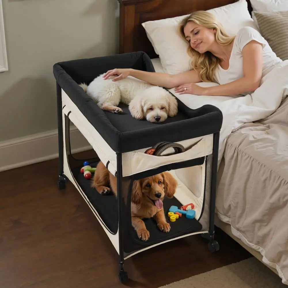 Foldable Bunk Dog Bed With Wheels And Side Storage Bin