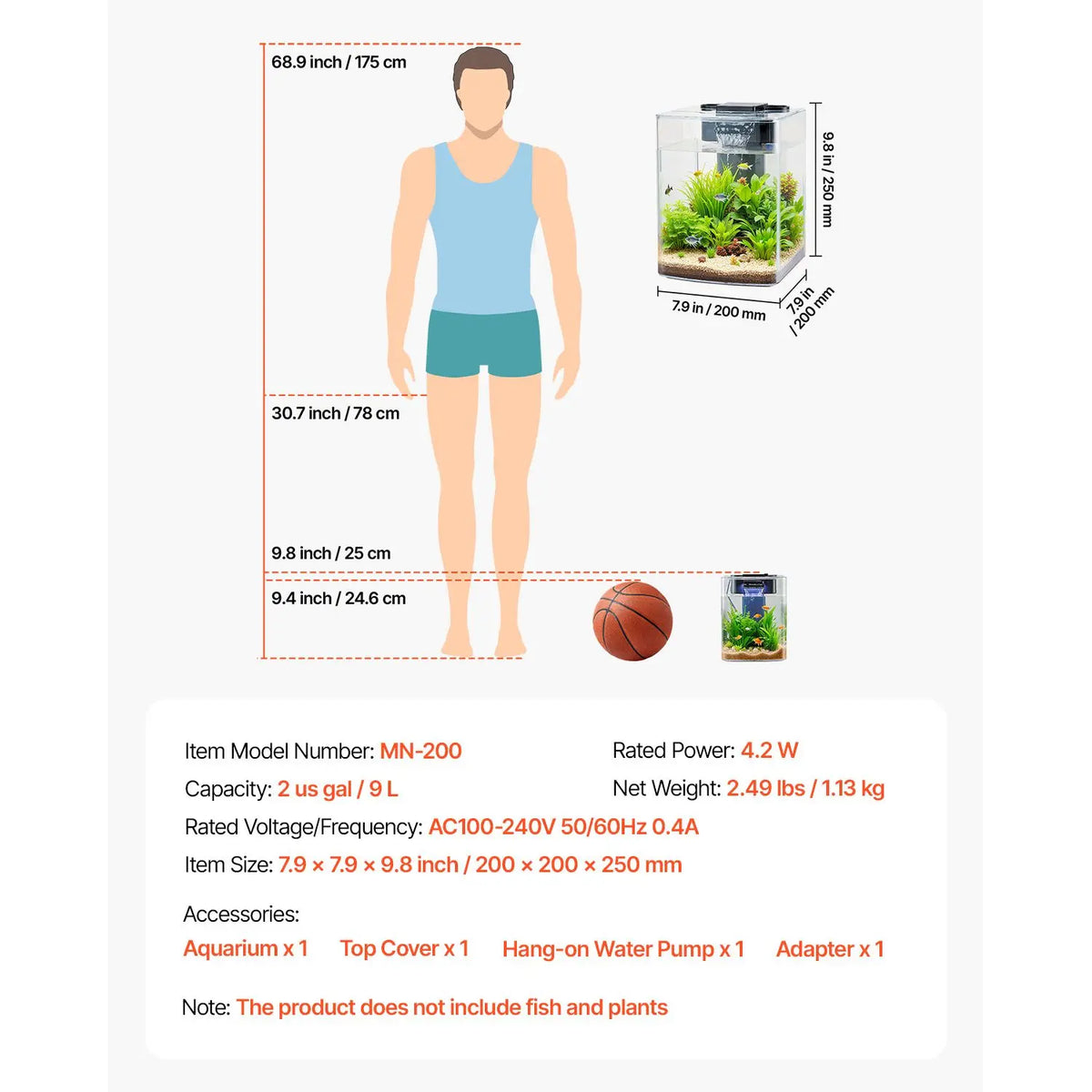 2 Gallon Arch Ultra-Clear Tank Adjustable 3 Color Lighting, Self Cleaning System Fishbowl for Freshwater & Saltwater