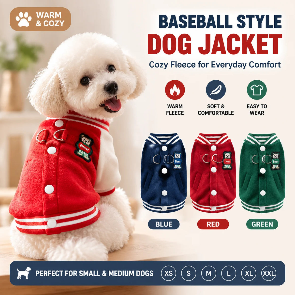 Baseball Style Dog Jacket, Cozy Fleece Puppy Coat with Snap Button Design