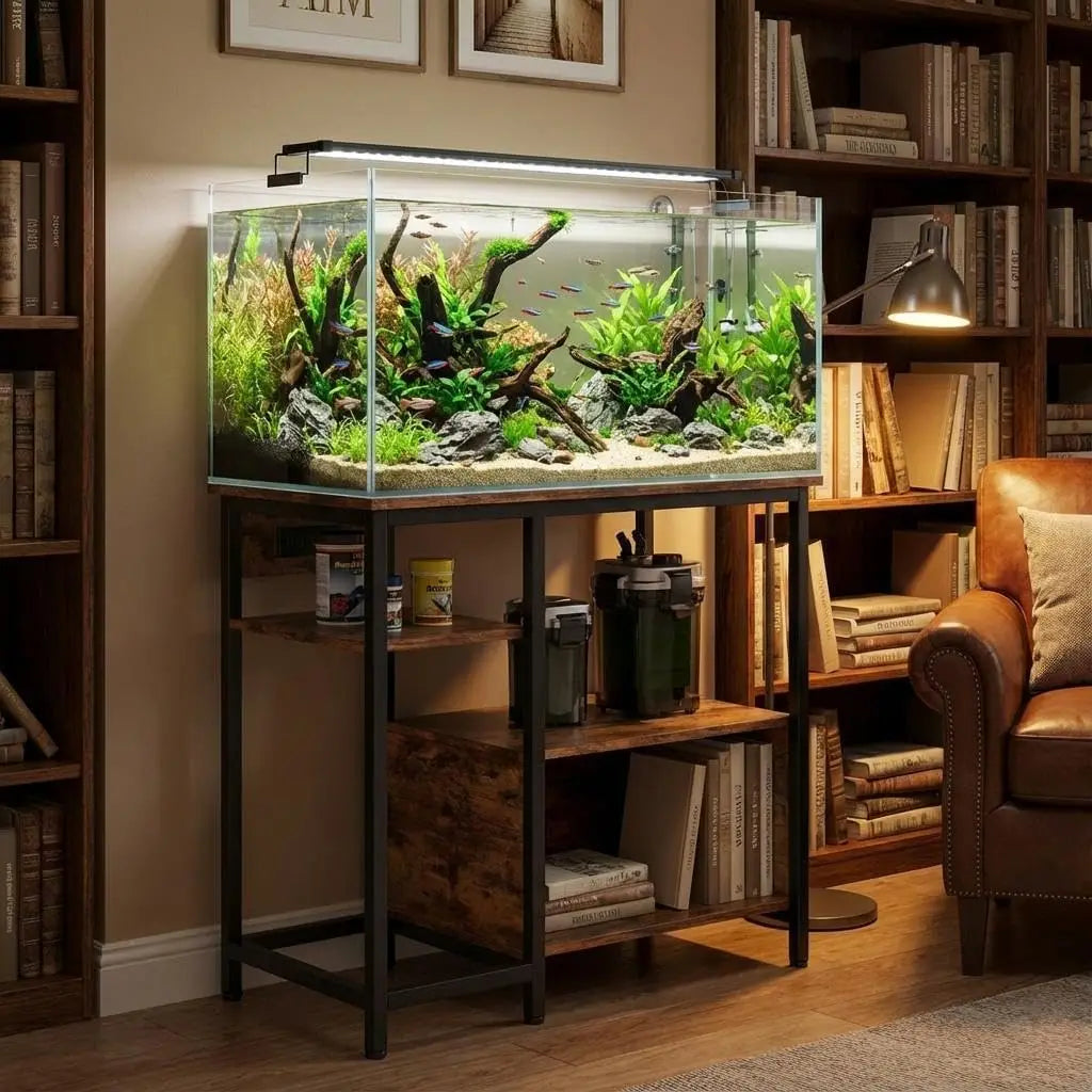 40-50 Gallon Aquarium Stand with Power Outlets – Heavy-Duty Metal & Wood Fish Tank Stand, 4-Tier Open Storage Shelves - 36.6" × 18.9" × 30.7"