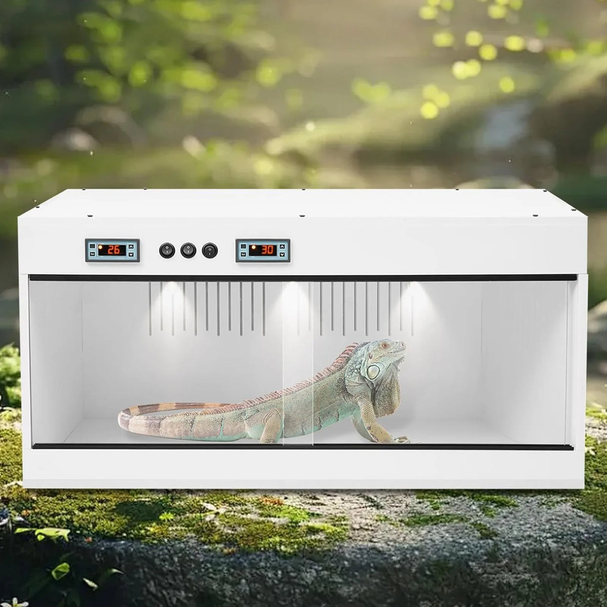 PVC Large Reptile Tank, 31.5x15.8x15.8 Front Opening w/ Dual Temperature Controller Enclosure Feeding Box w/ Glass Sliding Door