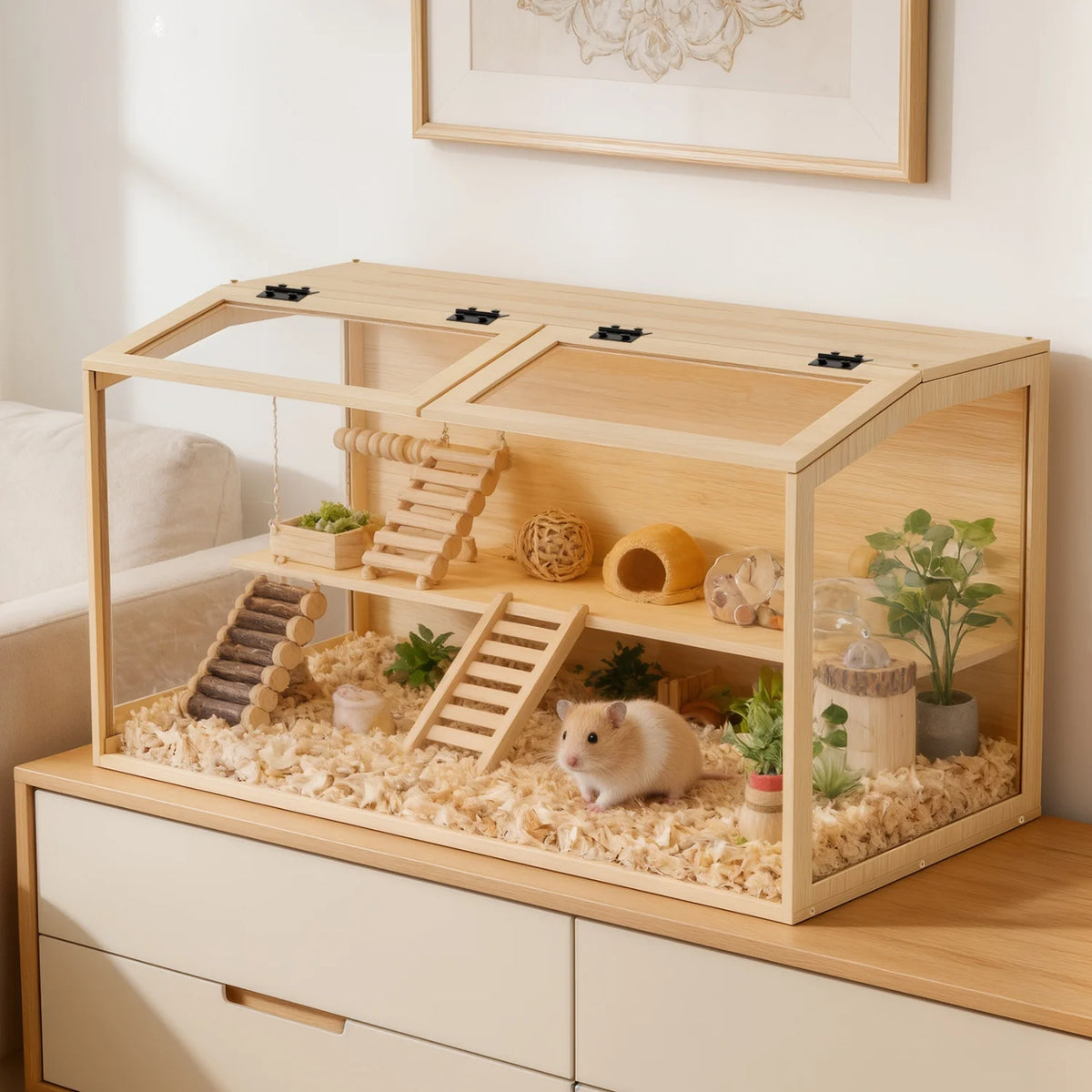 Chewproof Wooden Cage Habitat House Tempered Glass Panels Built-in LED Light for Small Pets