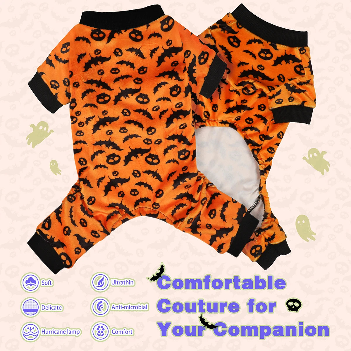 Halloween Dog Pajamas Costume: Four-legged outfit with bat and skull patterns