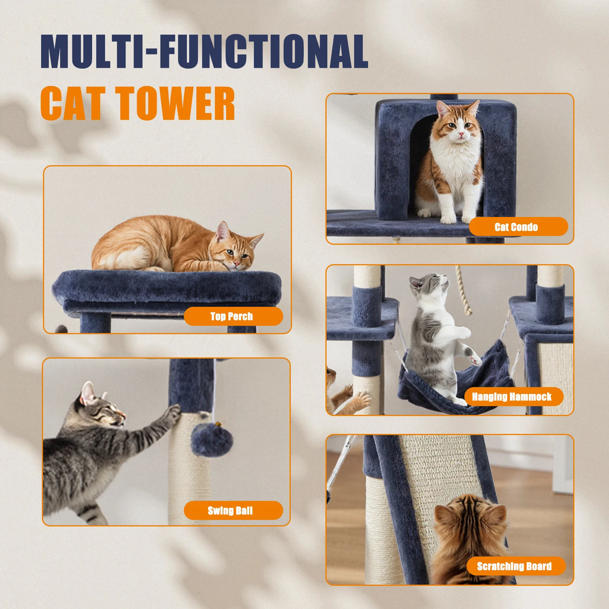 63IN Cat Tree Tower - Natural Scratching Posts - Climbing Tower with Condo