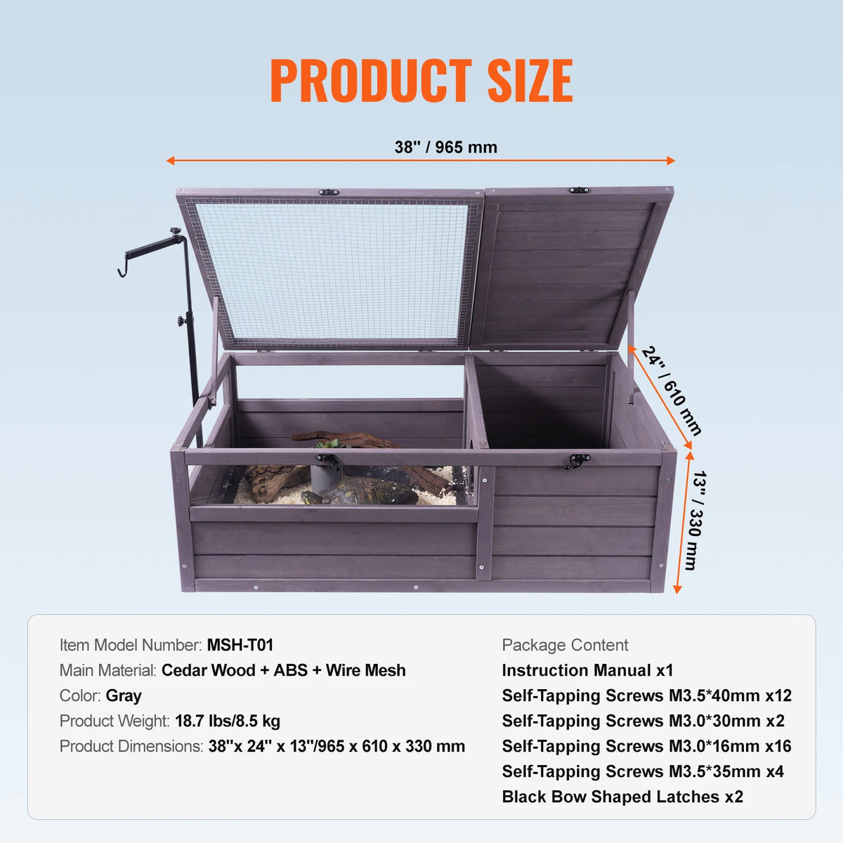 SucceBuy 3-Room Habitat Wooden Enclosure Indoor Outdoor Open Roof Large Reptile Cage 44" x 25.6"x 24"