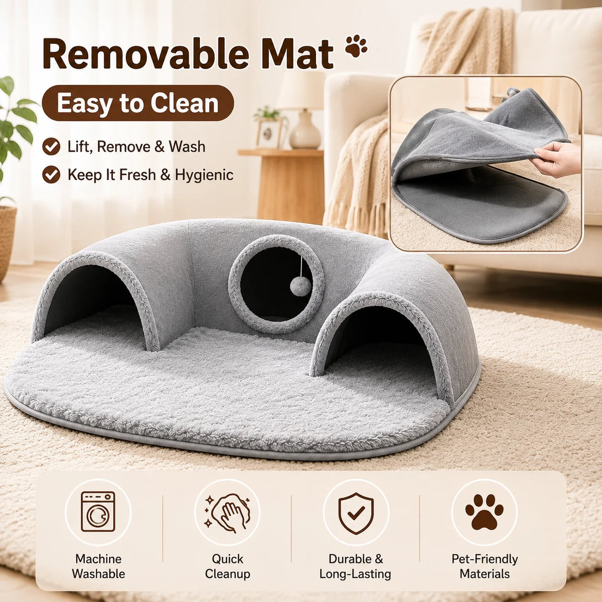 Multifunctional U-shaped Cat Tunnel Bed—A Detachable, Washable Plush Tunnel; Suitable for Home, Indoor, and balcony Use.