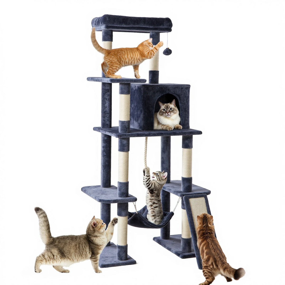 63IN Cat Tree Tower - Natural Scratching Posts - Climbing Tower with Condo