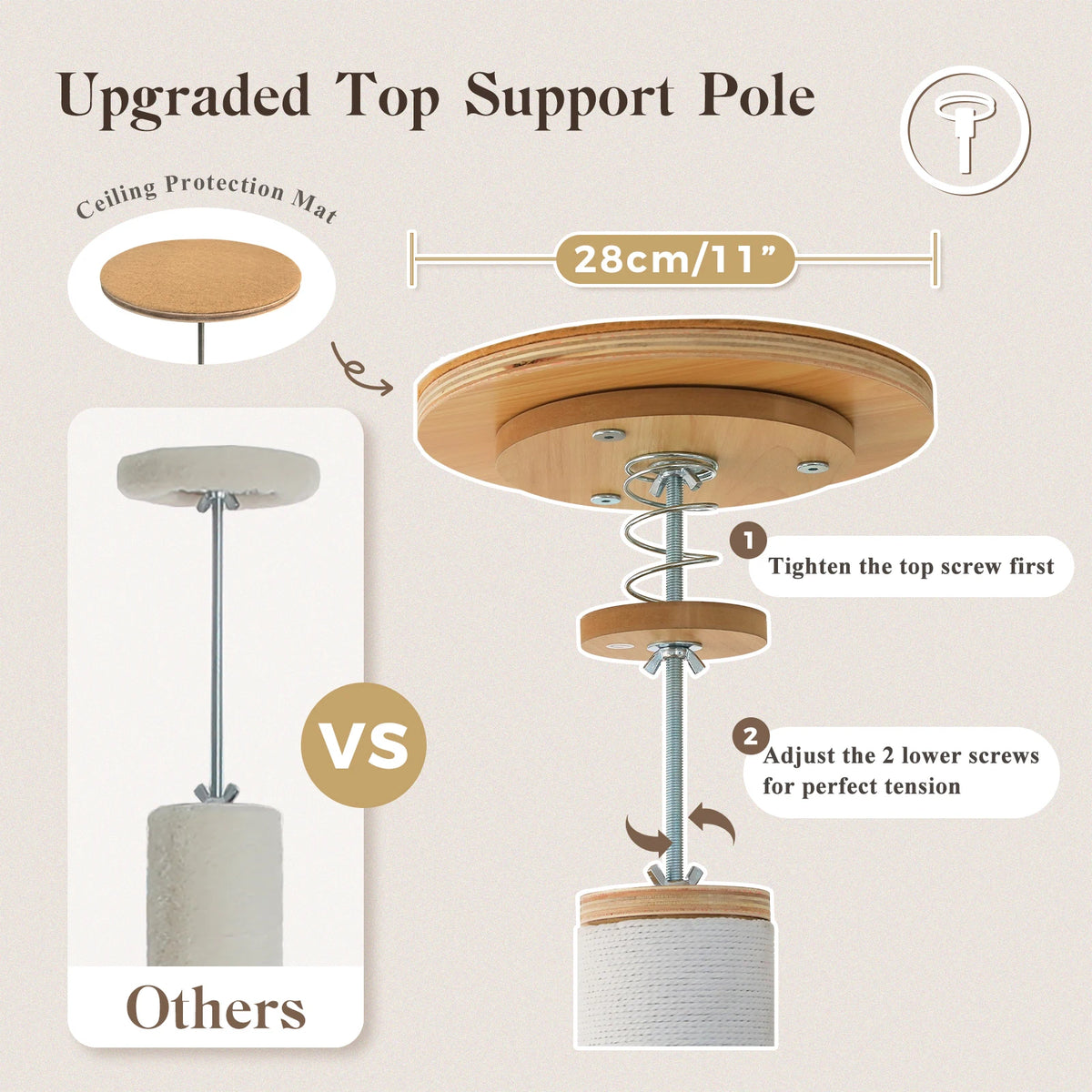 Floor to Ceiling Tree for Indoor Height Adjustable Cat Tower with Sisal Scratching Posts - Washable Mats