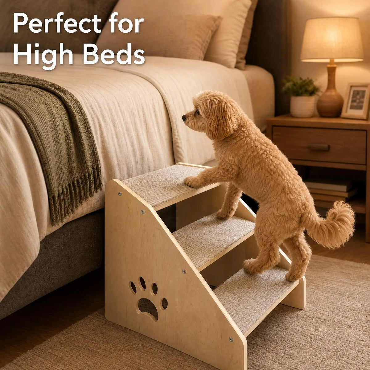 3-Step Wooden Pet Stairs for Small Dogs & Cats – Non-Slip Steps – Soft Fabric Cover – Ideal for Bed, Couch, Car & Senior Pets – Fixed 3-Step Design