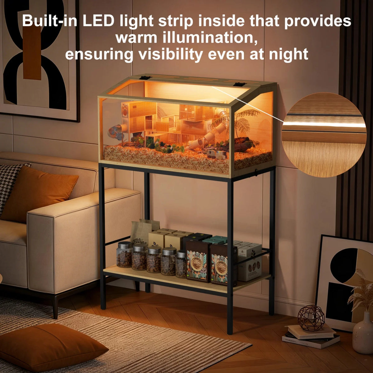 Chewproof Wooden Cage Habitat House Tempered Glass Panels Built-in LED Light for Small Pets