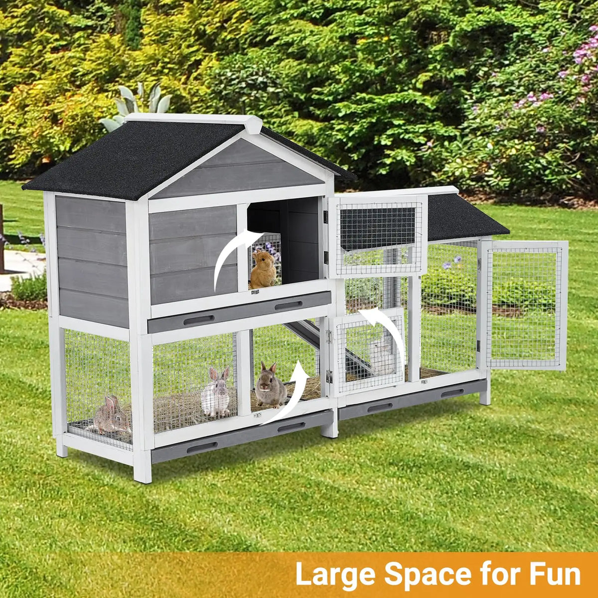 63in Bunny Hutch Indoor, Wooden Rabbit Cage 2-Tier With 3 Removable Trays, Waterproof Roof - Outdoor Coop
