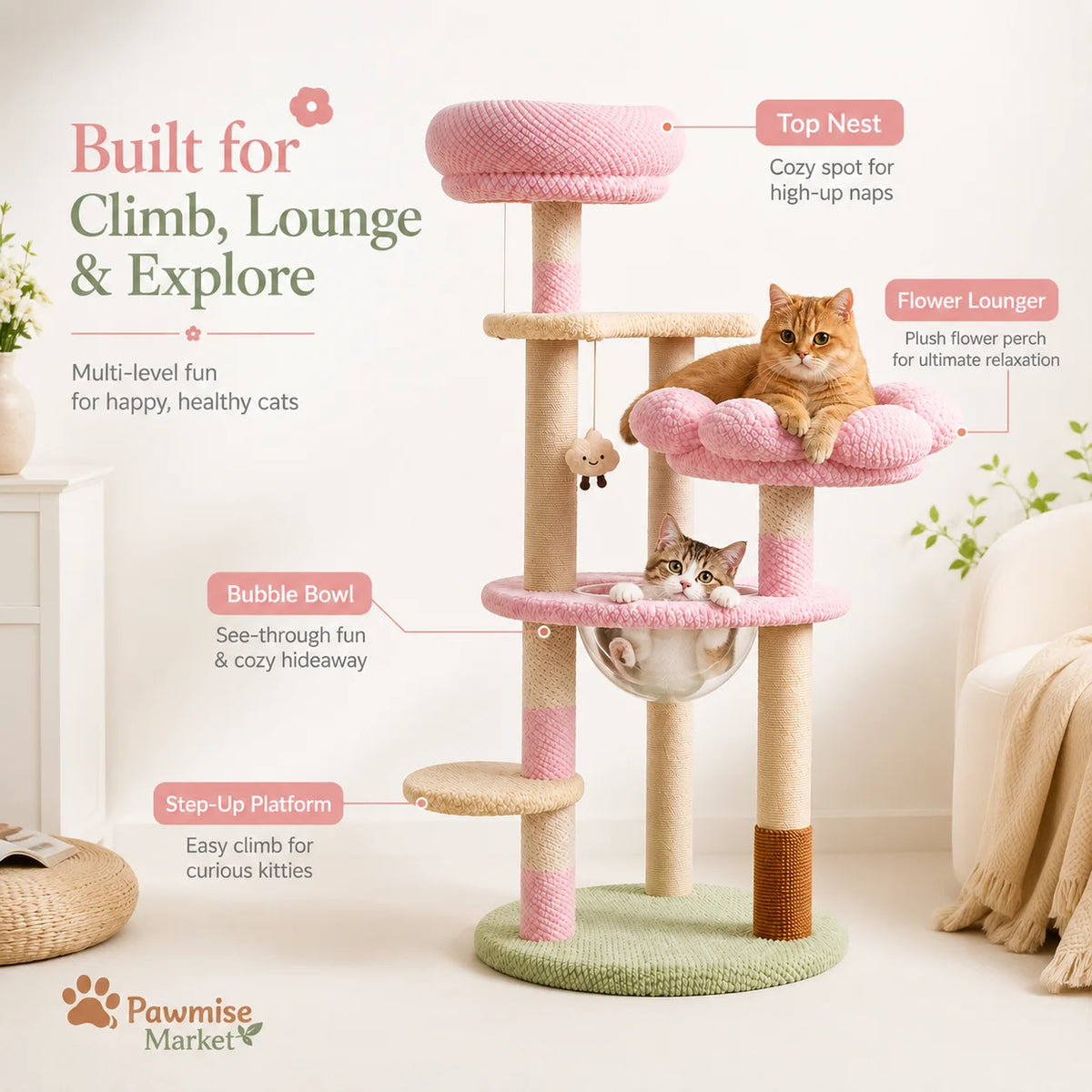 Pink Flower Cat Tree for Indoor Cats, 51.18-Inch Multi-Level Cat Tower with Soft Plush Perches