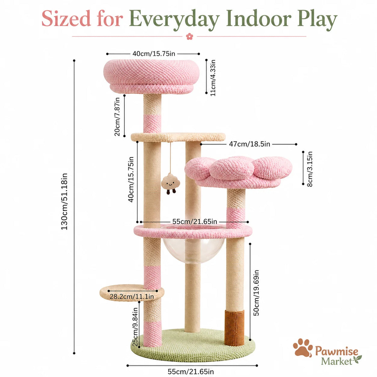 Pink Flower Cat Tree for Indoor Cats, 51.18-Inch Multi-Level Cat Tower with Soft Plush Perches