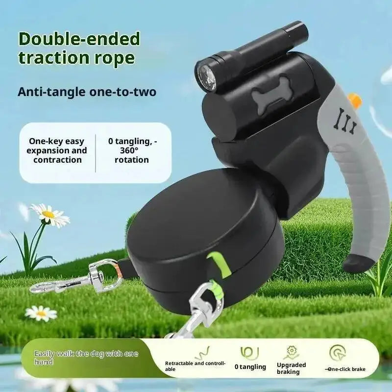 Auto Retractable Double-Headed Dog Leash with LED Flashlight 360 Degree Dual Traction Rope