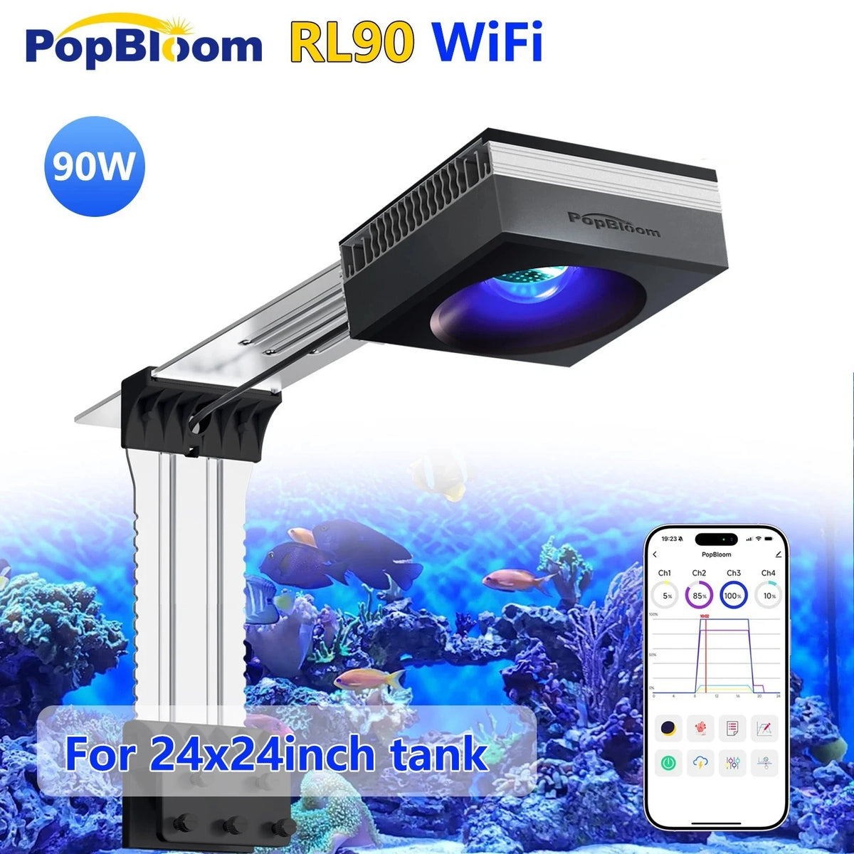 Pop-Bloom WiFi Reef LED Light, 60W 90W 120W Full Spectrum Marine Reef LED Aquarium Lighting, Built-in Timer, Sunrise Sunset