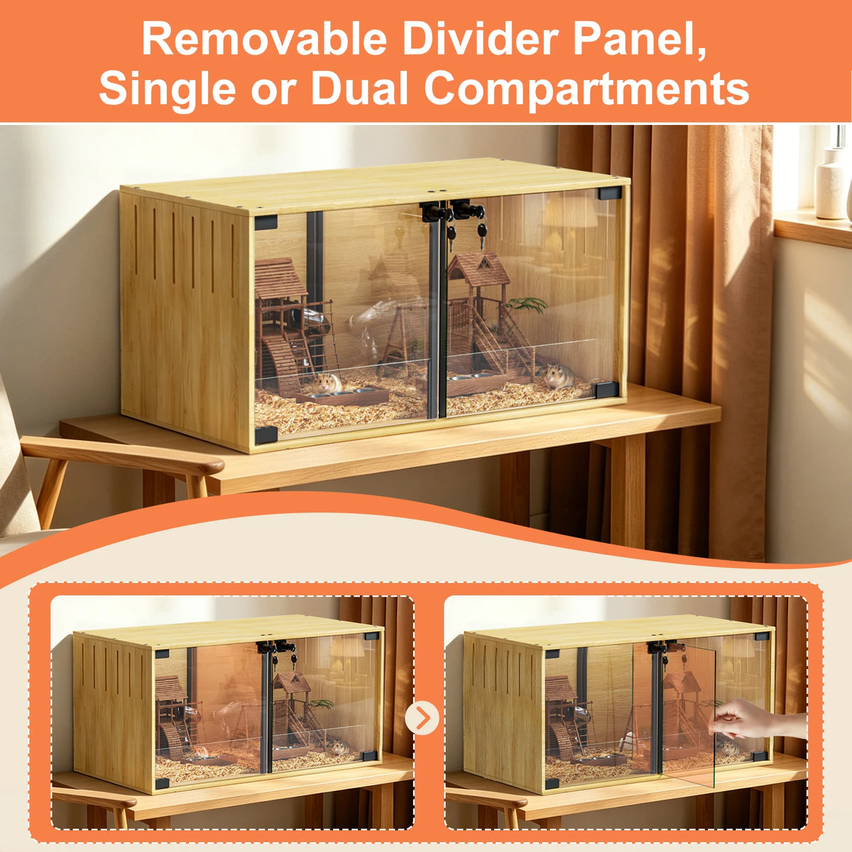 Wooden Small Animal Habitat Cage with Dual Doors Lock Removable Divider Enclosure