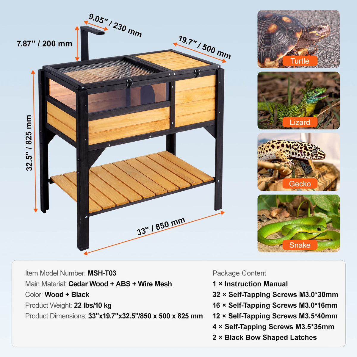 SucceBuy 3-Room Habitat Wooden Enclosure Indoor Outdoor Open Roof Large Reptile Cage 44" x 25.6"x 24"