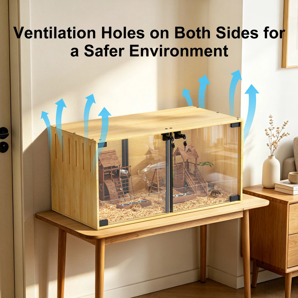 Wooden Small Animal Habitat Cage with Dual Doors Lock Removable Divider Enclosure