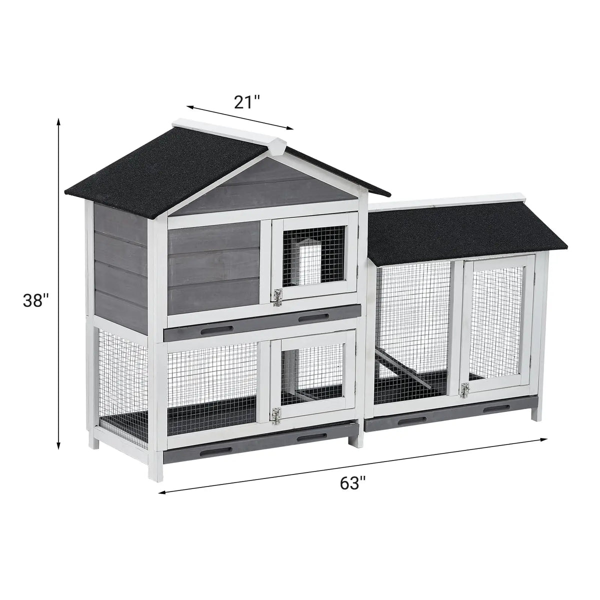 63in Bunny Hutch Indoor, Wooden Rabbit Cage 2-Tier With 3 Removable Trays, Waterproof Roof - Outdoor Coop