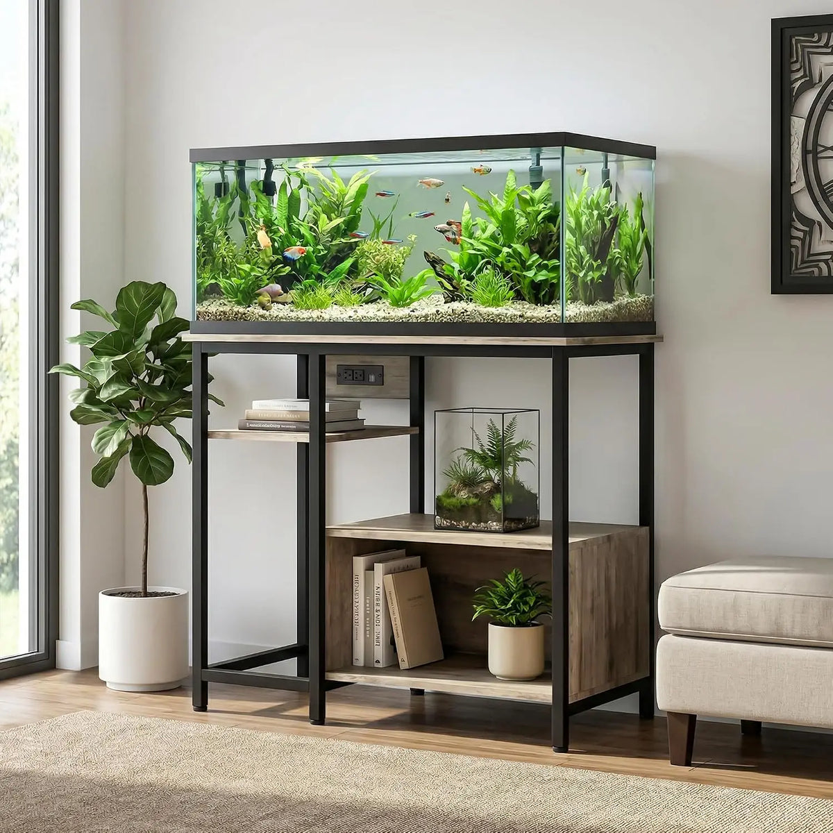 40-50 Gallon Aquarium Stand with Power Outlets – Heavy-Duty Metal & Wood Fish Tank Stand, 4-Tier Open Storage Shelves - 36.6" × 18.9" × 30.7"