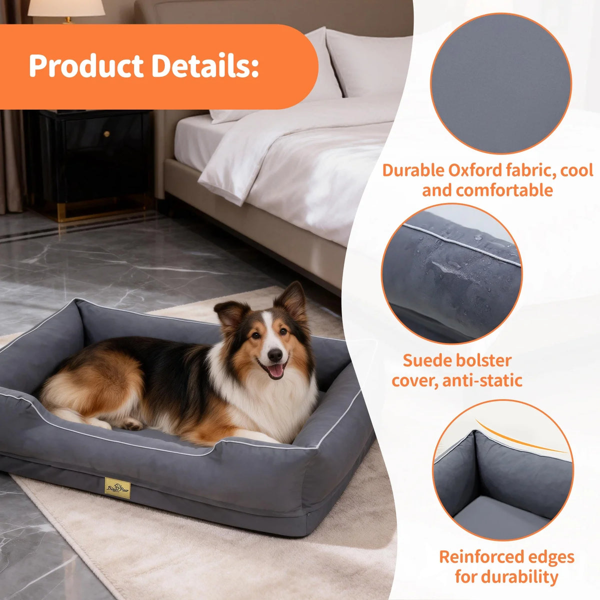 Orthopedic Dog Beds -Dark Grey Pet Sofa Cushion with Removable Machine Washable Cover Foam Base