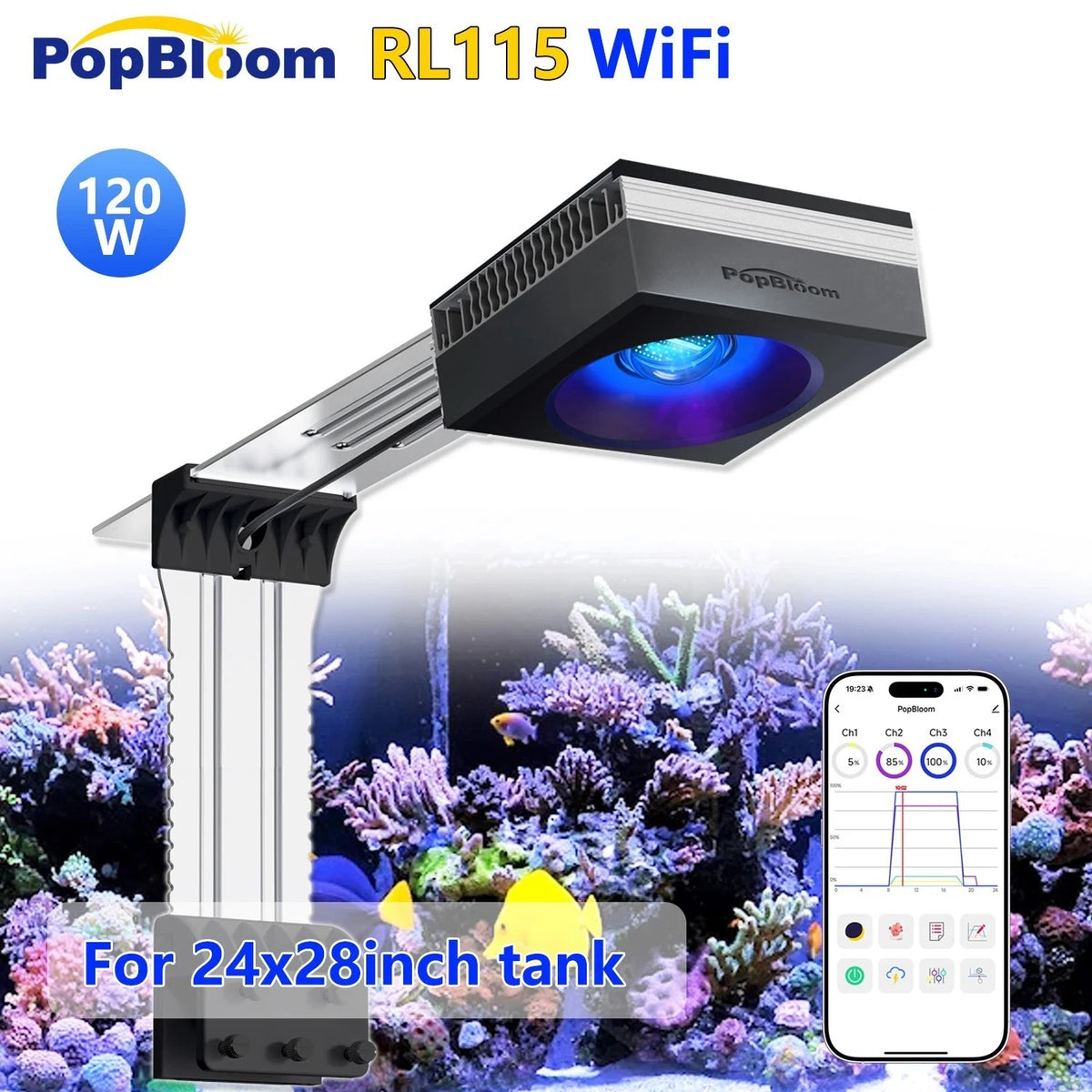 Pop-Bloom WiFi Reef LED Light, 60W 90W 120W Full Spectrum Marine Reef LED Aquarium Lighting, Built-in Timer, Sunrise Sunset