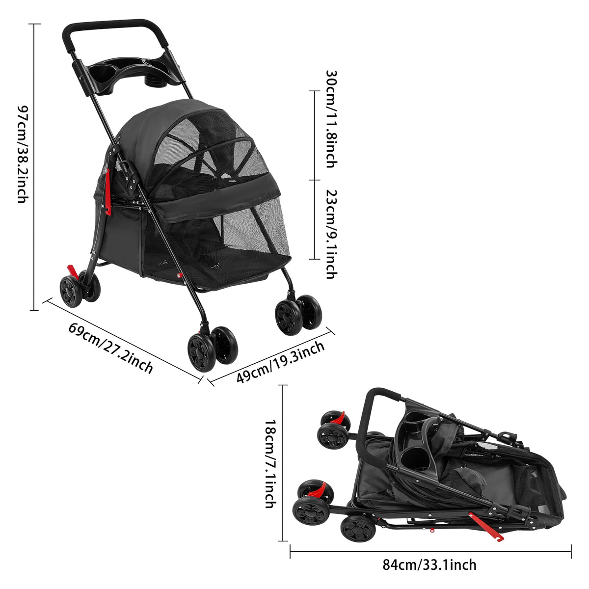 Wheelcart - Foldable Pet Stroller Travel Cart - 69*49*97cm Lightweight for Small pets