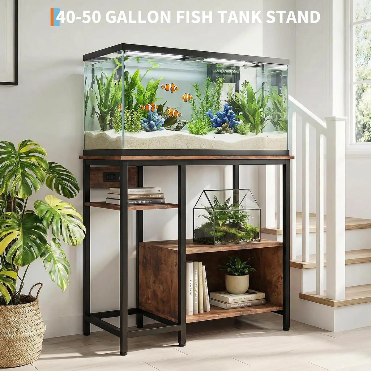 40-50 Gallon Aquarium Stand with Power Outlets – Heavy-Duty Metal & Wood Fish Tank Stand, 4-Tier Open Storage Shelves - 36.6" × 18.9" × 30.7"