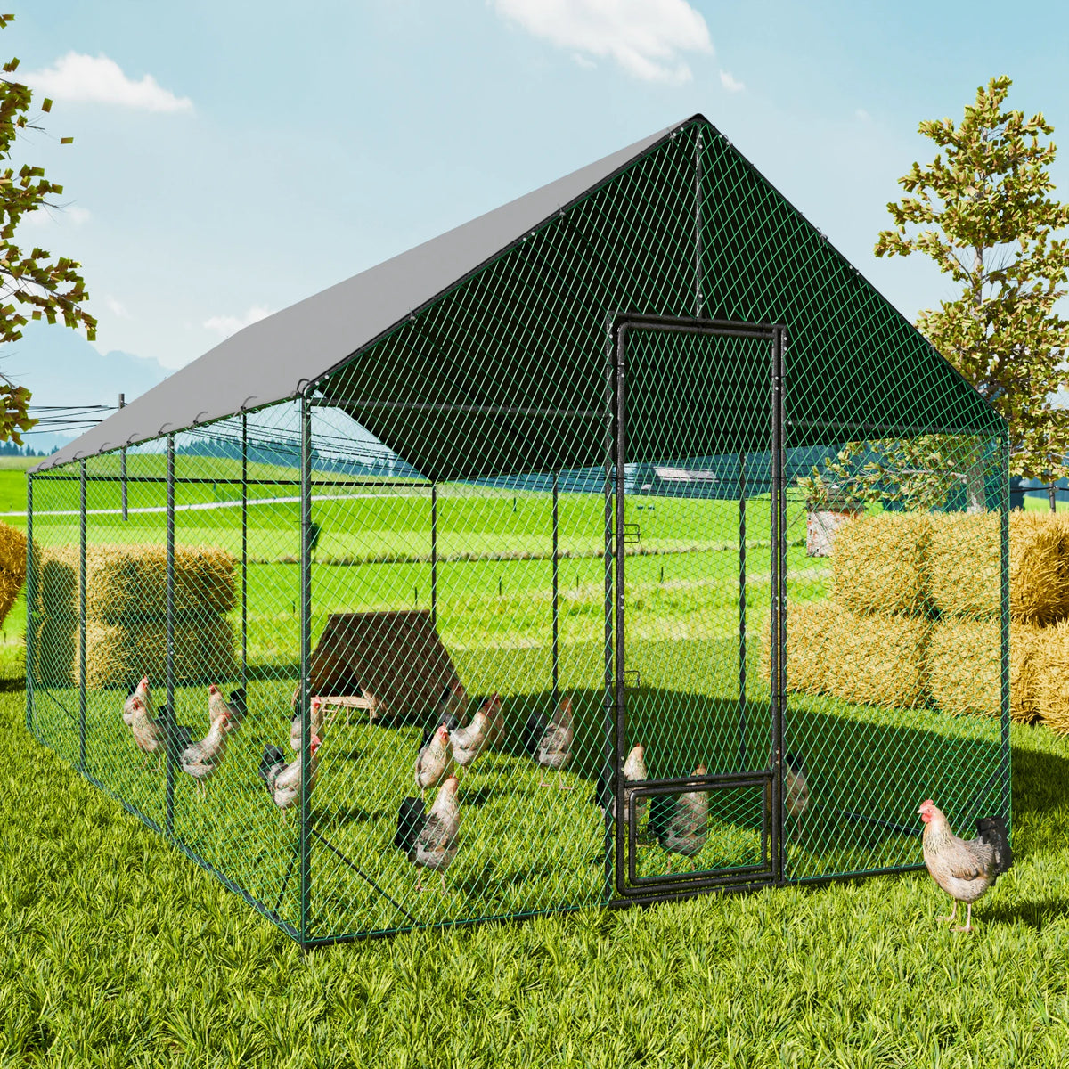 Large Outdoor Upgrade Metal Chicken Coop Walk-in Cage with Nylon Netting and Cover for Yards