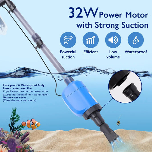 Electric Fish Tank Cleaner Vacuum - 32W 530GPH Aquarium Gravel Cleaner, Automatic Water Changer Kit with 4-Layer Filter, Telescopic Pole for Sand Washing, Dry Hands & Plug & Go Functionality