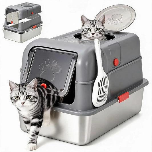 Extra Large Stainless Steel Litter Box with Lid, Dual‑Entry Odor‑Resistant Enclosed Cat Toilet for Indoor Cats, Kittens & Multi‑Cat Households