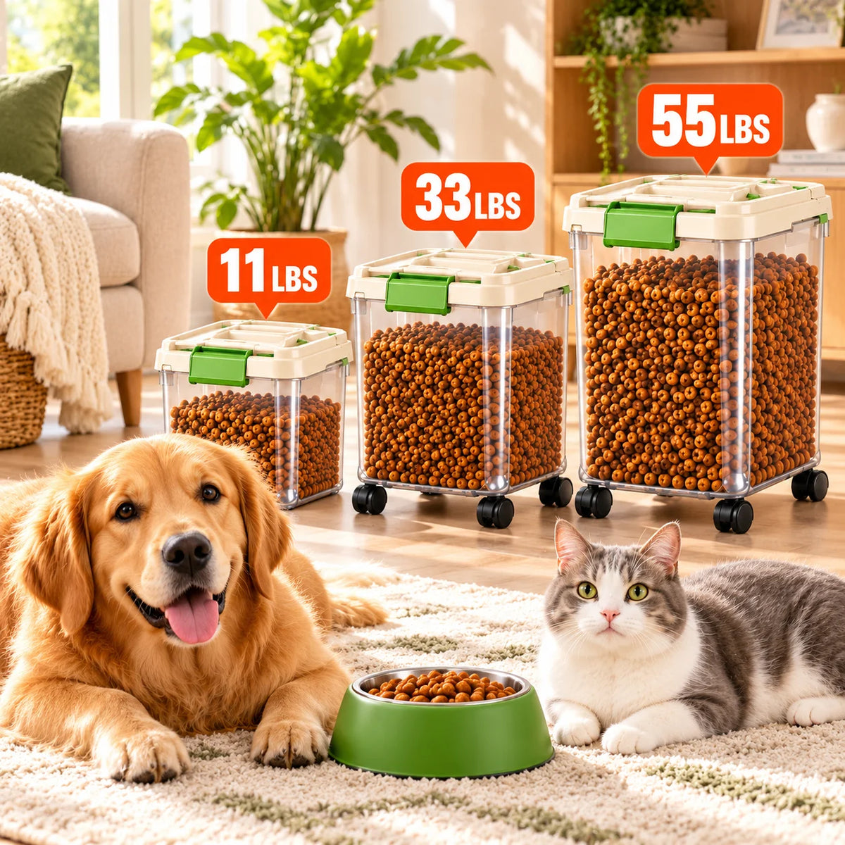 Dog Food Storage Container, 55/33/11Lbs Capacity Options, Large Capacity Transparent Pet Food Storage Box with Scoop