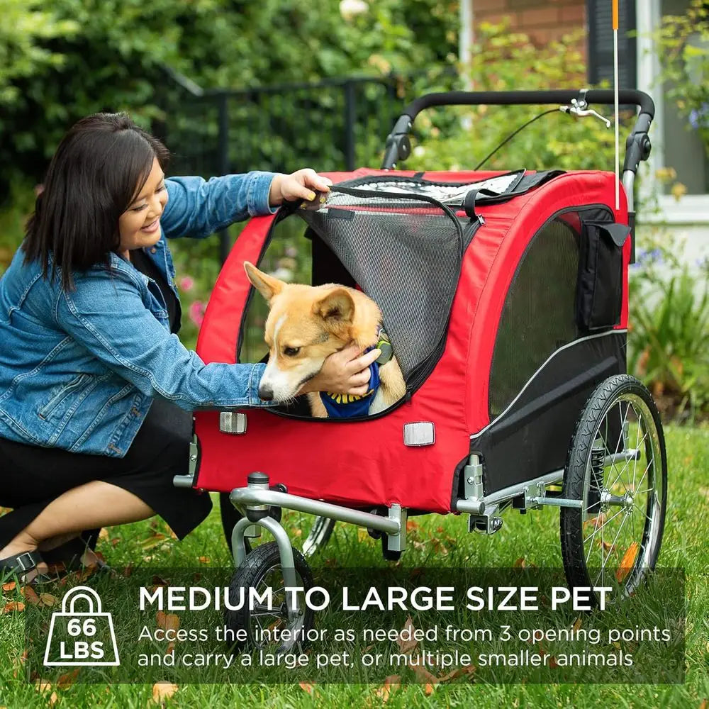 2-in-1 Dog Bike Trailer, Pet Stroller Cycle Carrier w/Hitch, Suspension, Visibility lag and Relect, 66lb