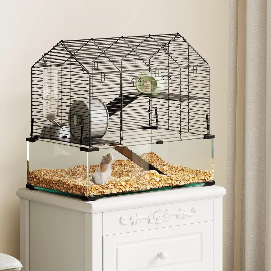 3 Tiers Large Hamster Enclosure, Metal Enclosure + Glass Gerbil Cage, Small Animal Cage