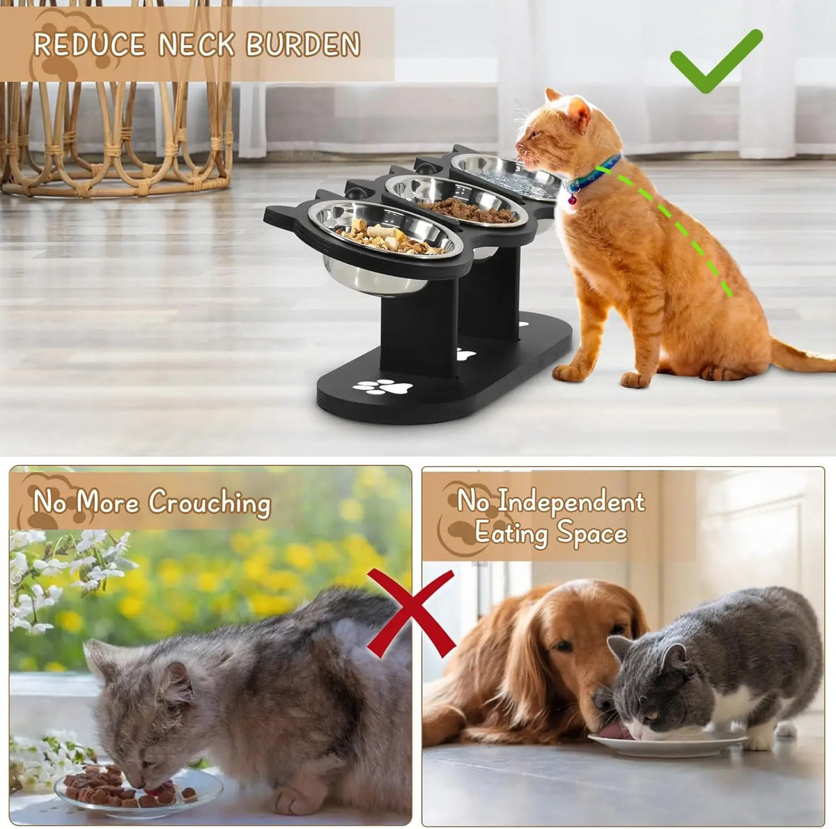 Elevated, Raised Cat Food Bowls For Indoor Cats, Adjustable Heights  With Black Shelf, 3 Stainless Steel Elevated Cat Bowls With 15°Tilted