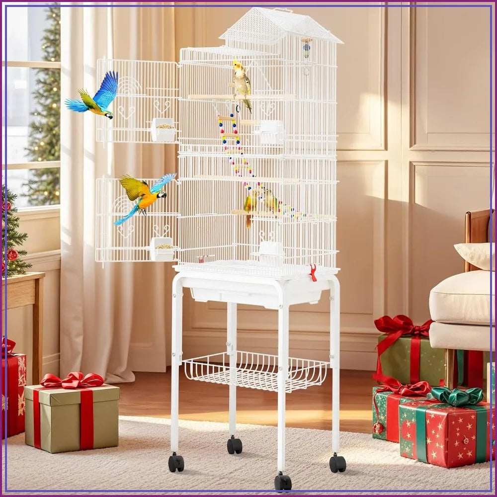 62-inch Metal Bird Cage with Roof Access and Rolling Stand, White