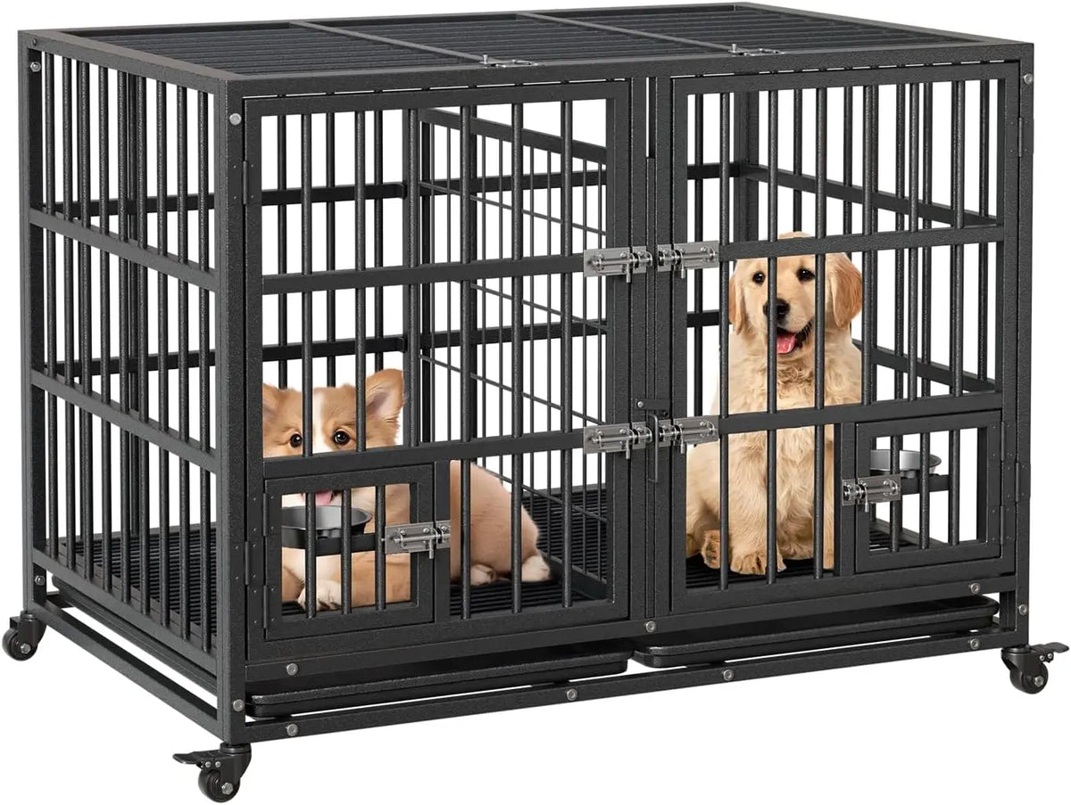 Garvee 42/48 inch Heavy Duty Dog Crate with 4 Lockable Wheels Double Door and Removable Tray for Small Medium Large Dogs ﻿