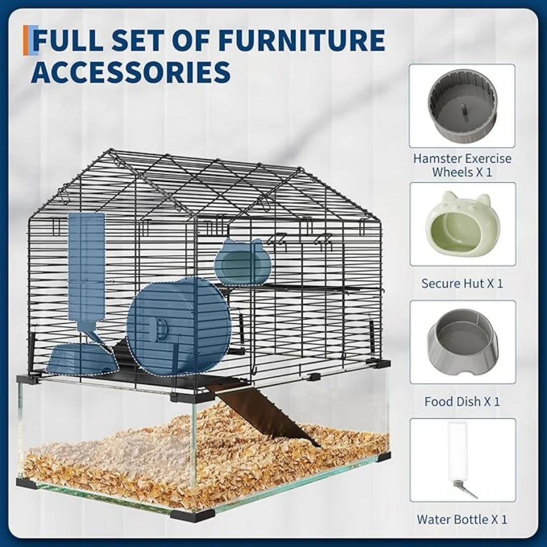 3 Tiers Large Hamster Enclosure, Metal Enclosure + Glass Gerbil Cage, Small Animal Cage