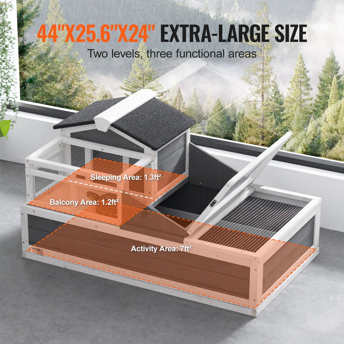 SucceBuy 3-Room Habitat Wooden Enclosure Indoor Outdoor Open Roof Large Reptile Cage 44" x 25.6"x 24"