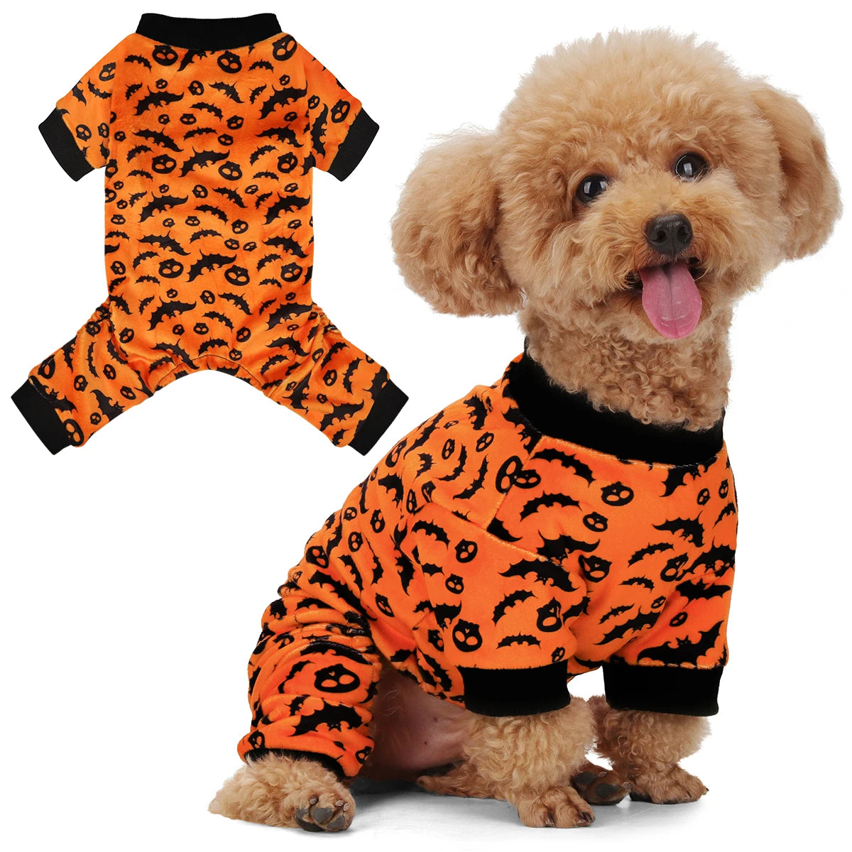 Halloween Dog Pajamas Costume: Four-legged outfit with bat and skull patterns